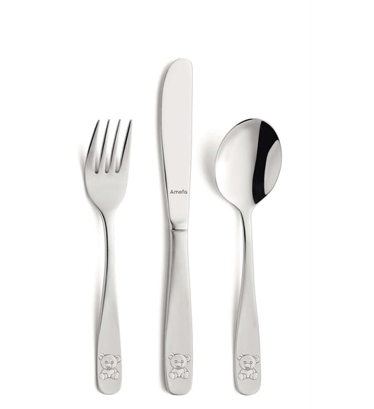 Teddy Children's Cutlery Set - 1 Person - 3-piece - Silver-colored
