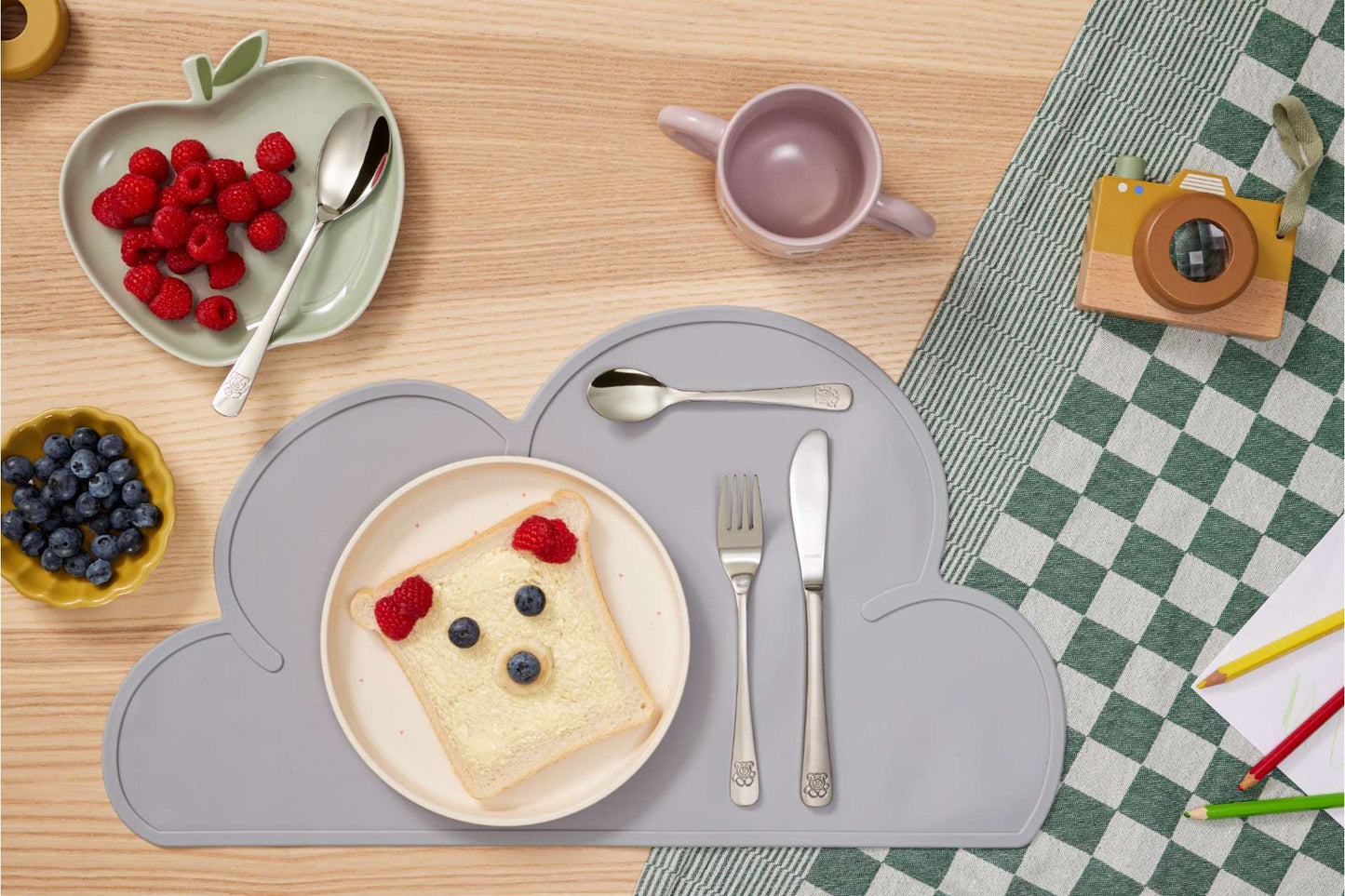 Teddy Bear Children's Cutlery Set - 1 Person - 4-piece - Silver-colored