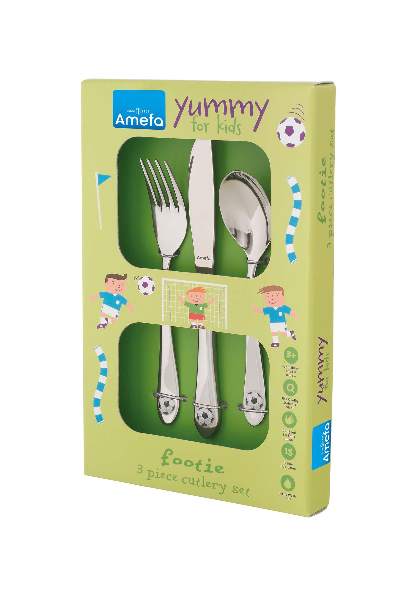 Footie Children's Cutlery Set - 1 Person - 3-piece - Silver-colored