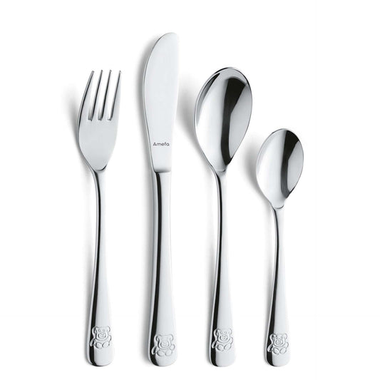Teddy Bear Children's Cutlery Set - 1 Person - 4-piece - Silver-colored
